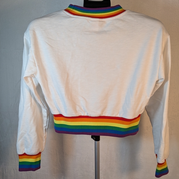 Rainbow Trim Cropped Long Sleeve Top | Pride Retro Y2K White Sweatshirt - Picture 2 of 5